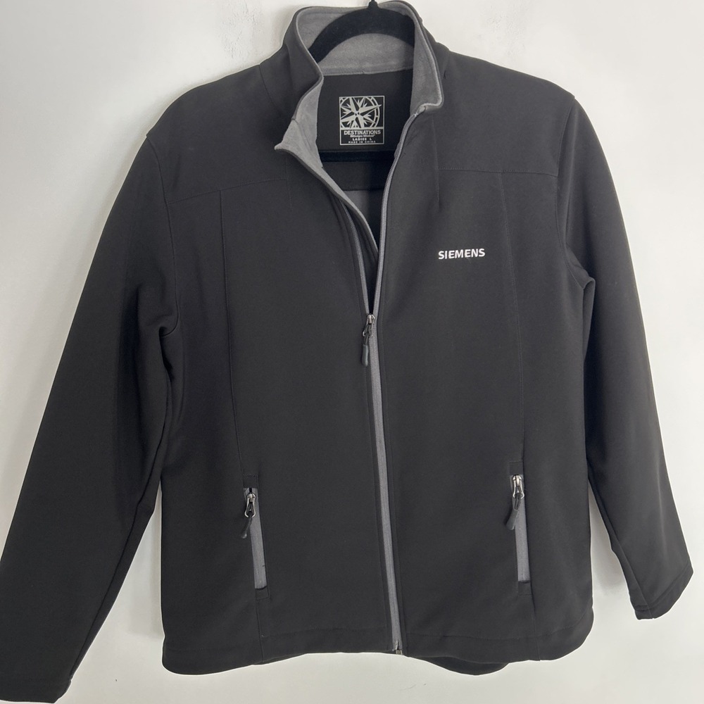 Destinations Women L Black Soft Shell‎ Zip Up Long Sleeve Grey Interior Jacket